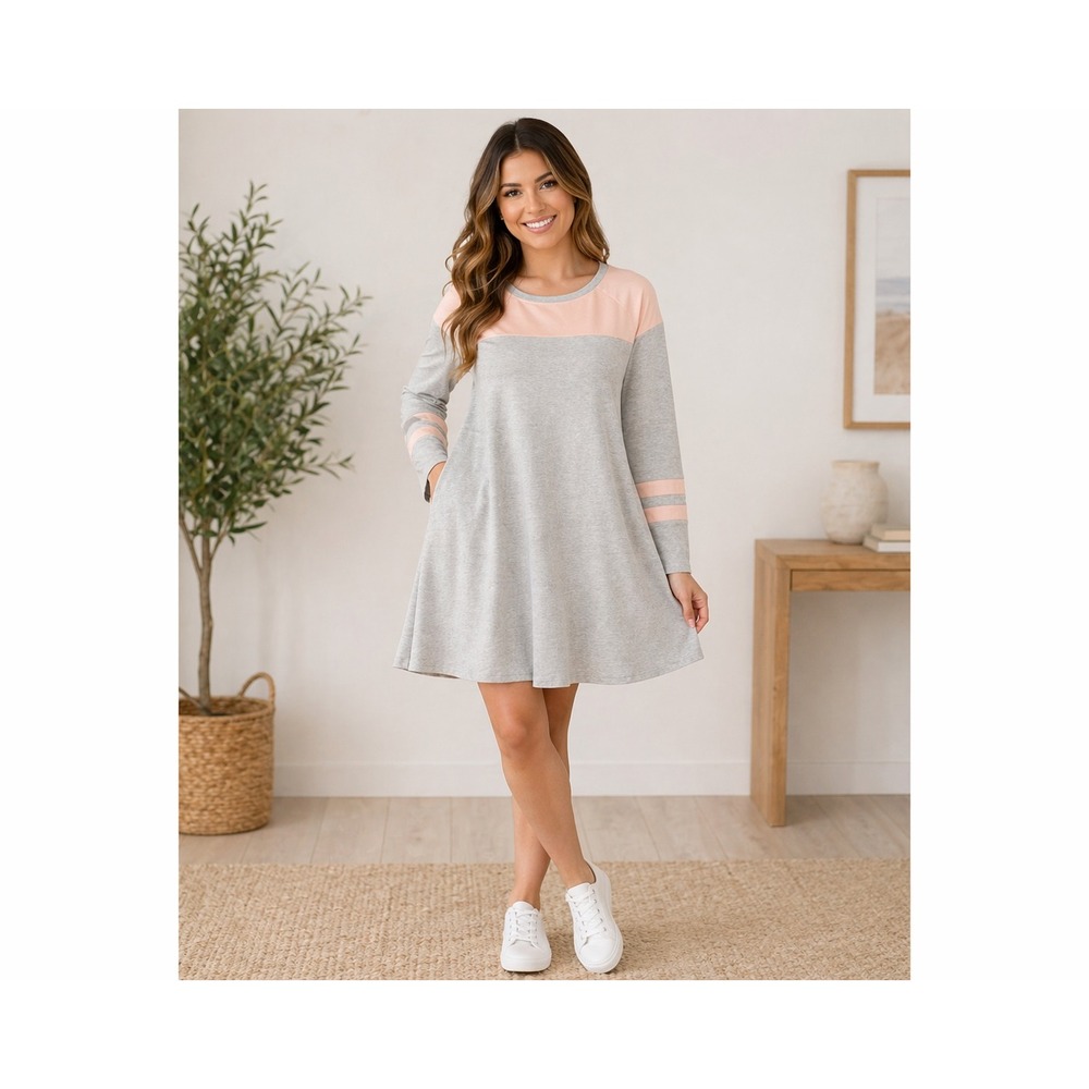 Thyme‎ & Honey Grey Pink Colorblock Long Sleeve T-Shirt Dress Medium 222908M